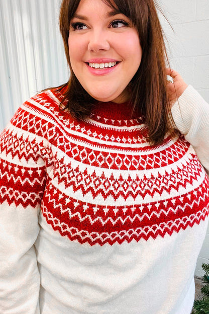 Feeling Festive Ivory & Red Fair Isle Mock Neck Sweater