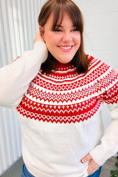 Feeling Festive Ivory & Red Fair Isle Mock Neck Sweater