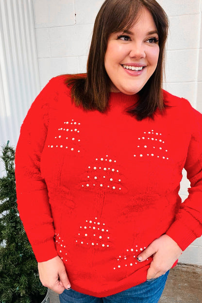 More The Merrier Red Pearl Christmas Tree Jacquard Sweater