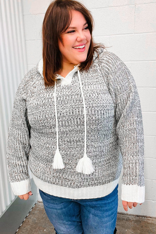 Holiday Happy Charcoal Two Tone Knit Tassel Sweater Hoodie