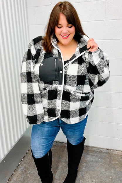 It's Your Best Black & Ivory Plaid Sherpa Button Down Jacket