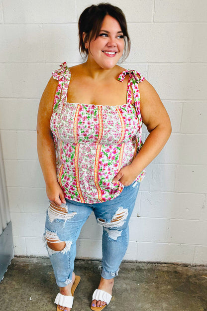 Ivory & Fuchsia Floral Smocked Shoulder Tie Top