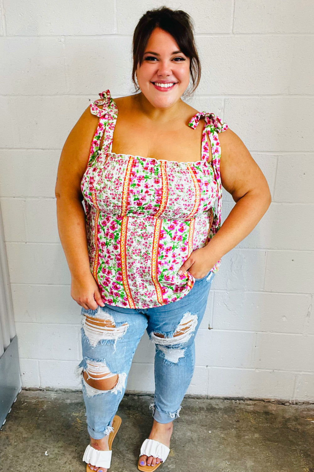 Ivory & Fuchsia Floral Smocked Shoulder Tie Top