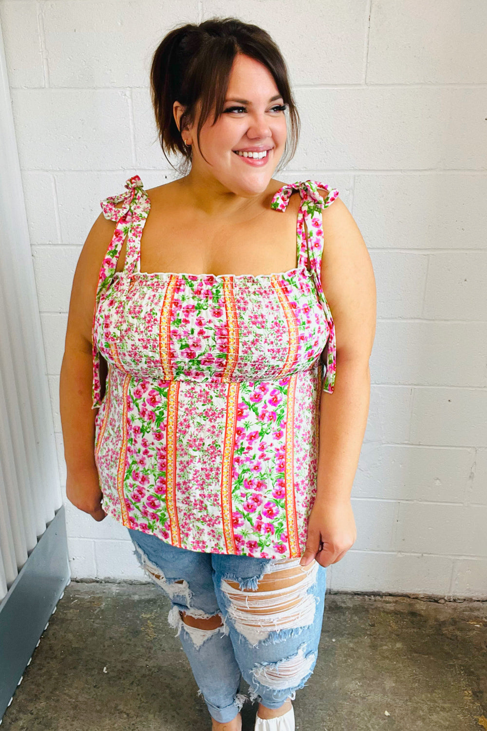 Ivory & Fuchsia Floral Smocked Shoulder Tie Top