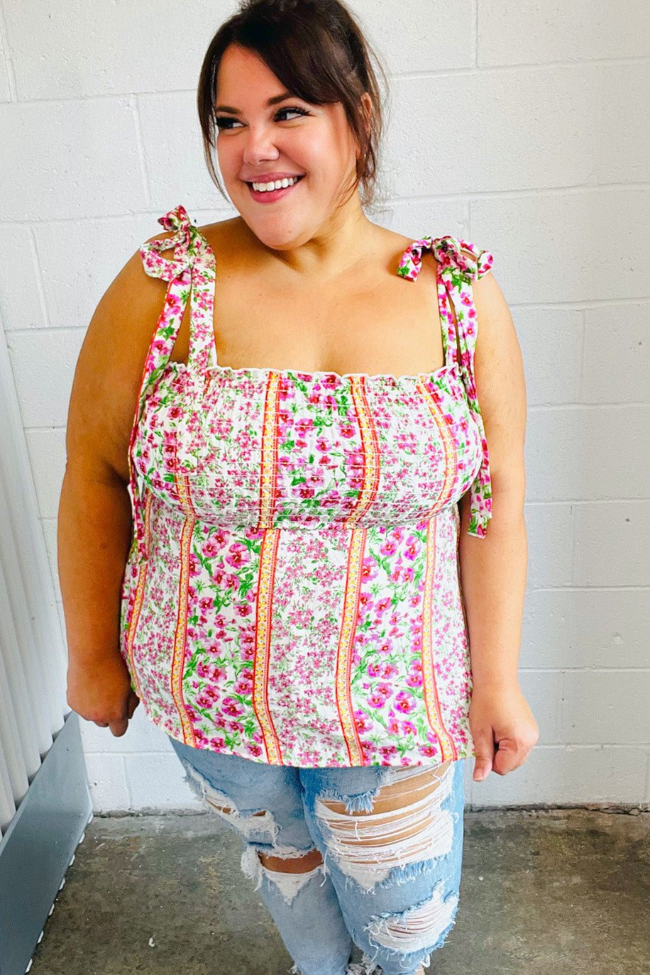 Ivory & Fuchsia Floral Smocked Shoulder Tie Top