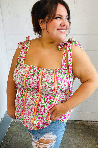 Ivory & Fuchsia Floral Smocked Shoulder Tie Top