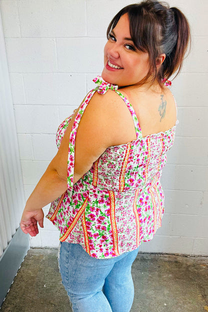 Ivory & Fuchsia Floral Smocked Shoulder Tie Top