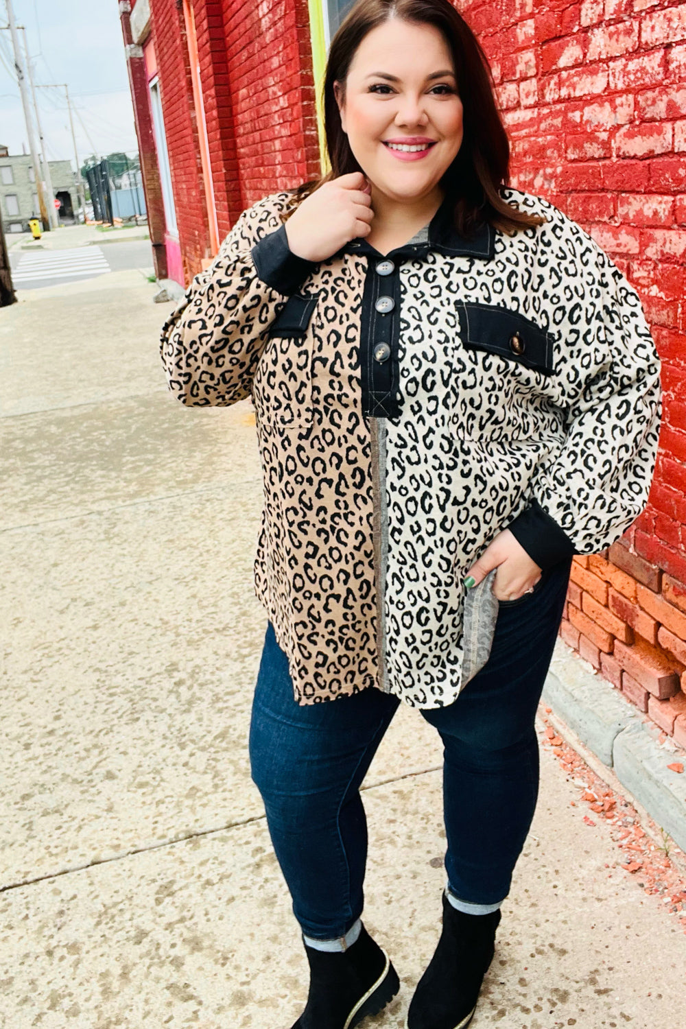 Fun Days Ahead Camel Leopard Color Block Button Down Pullover