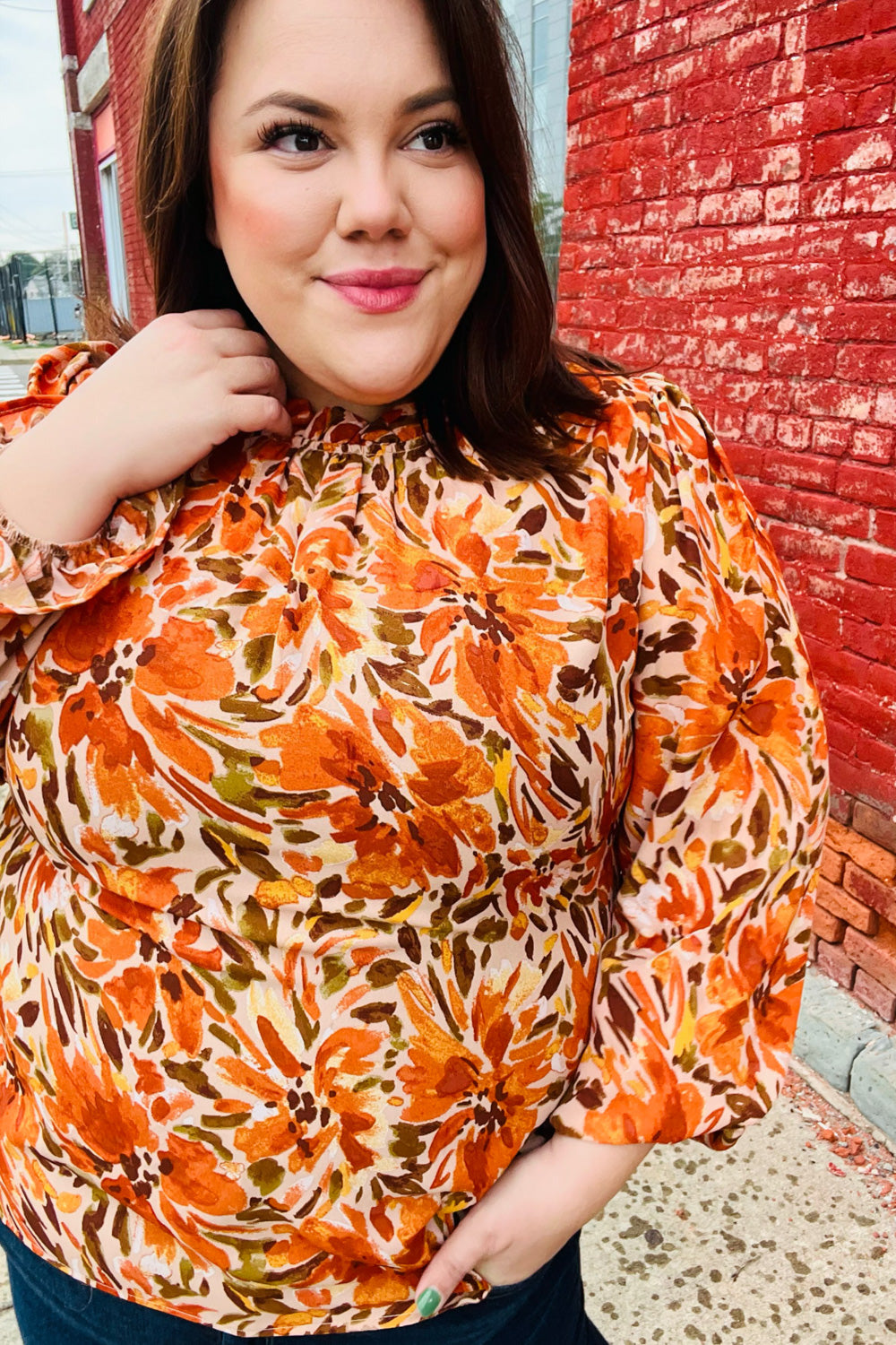 All The Joy Burnt Orange Watercolor Floral Frill Neck Top