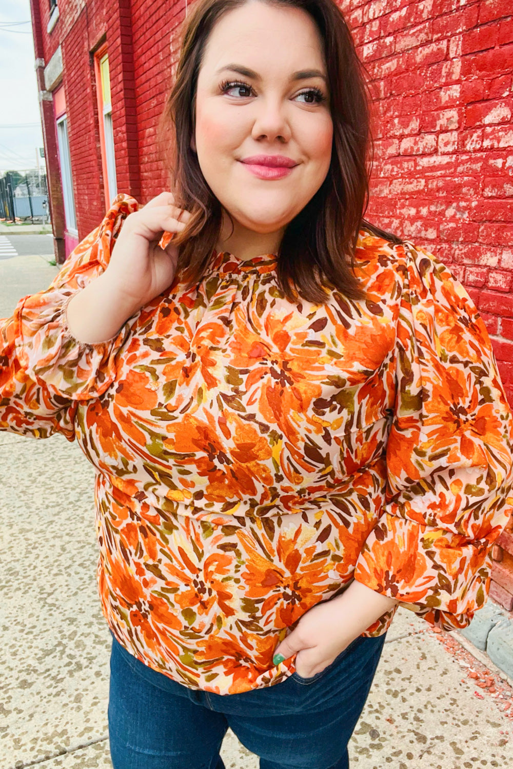 All The Joy Burnt Orange Watercolor Floral Frill Neck Top