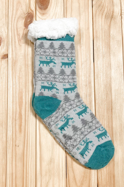 Teal Reindeer Sherpa Traction Bottom Slipper Socks