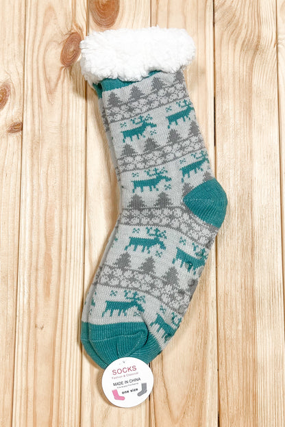 Teal Reindeer Sherpa Traction Bottom Slipper Socks