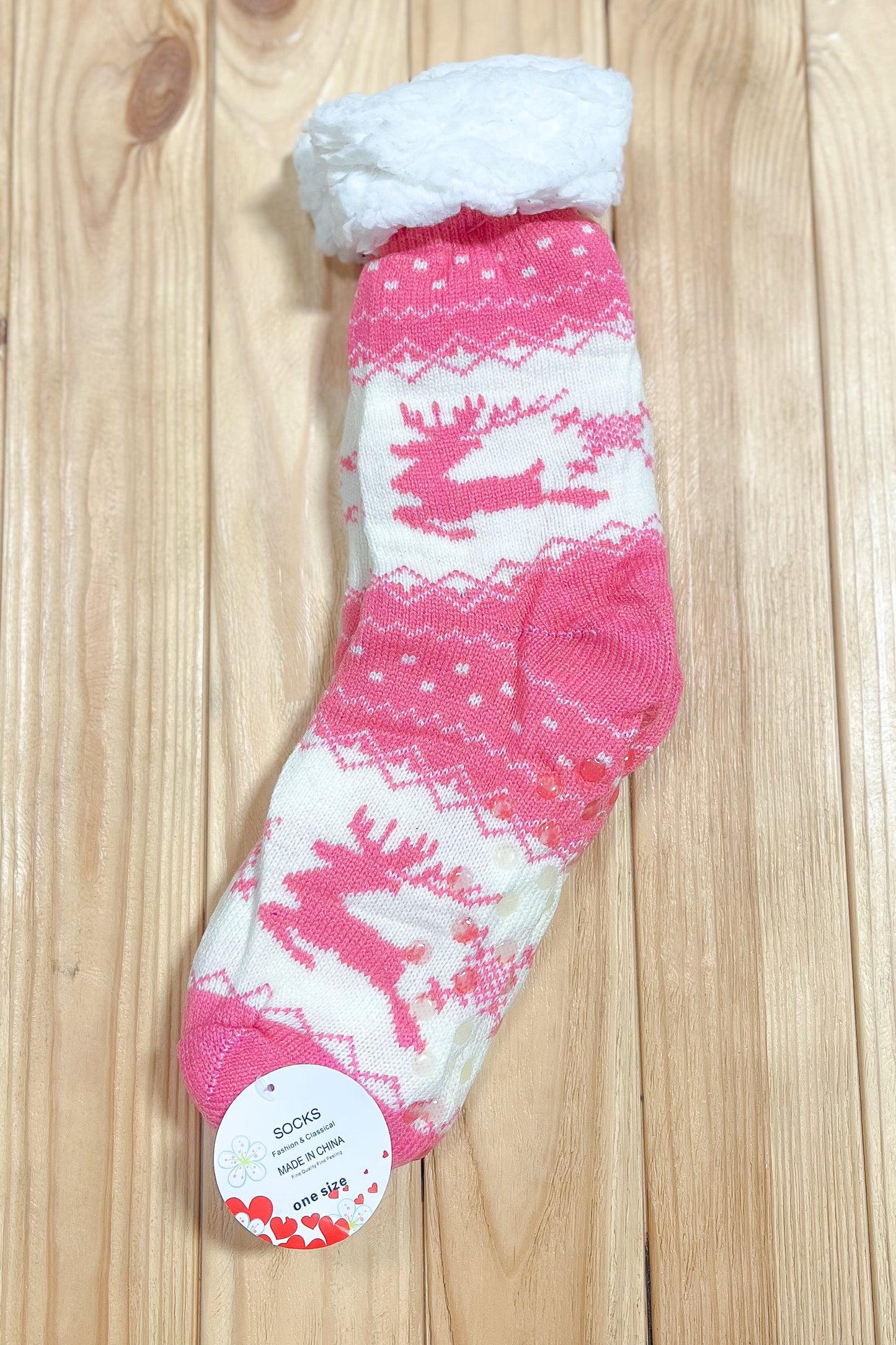 Hot Pink Reindeer Sherpa Traction Bottom Slipper Socks