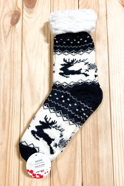 Black Reindeer Sherpa Traction Bottom Slipper Socks