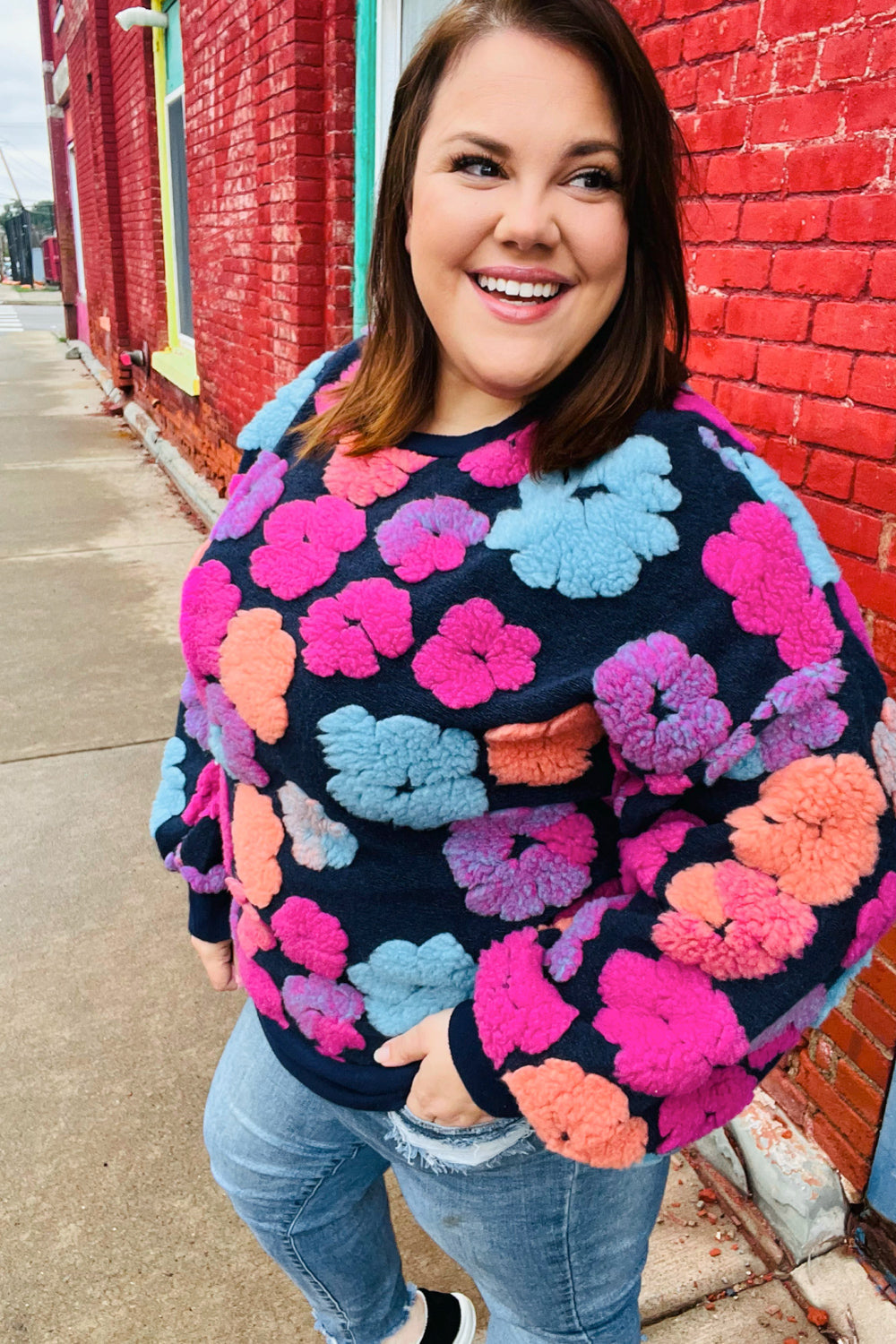 Feeling Joyful Navy & Fuchsia Embroidered Sherpa Flower Pullover