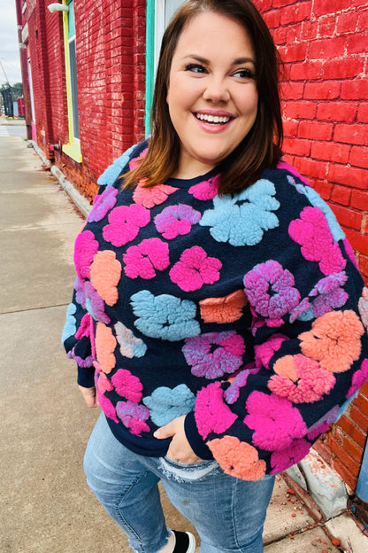 Feeling Joyful Navy & Fuchsia Embroidered Sherpa Flower Pullover