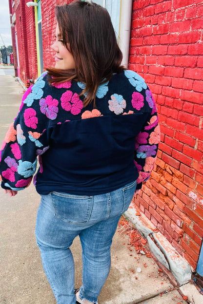 Feeling Joyful Navy & Fuchsia Embroidered Sherpa Flower Pullover