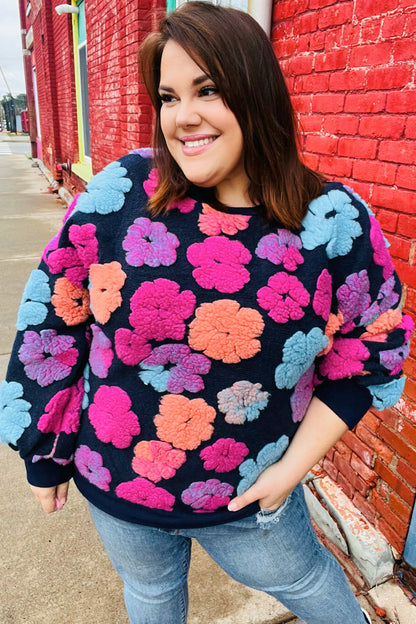 Feeling Joyful Navy & Fuchsia Embroidered Sherpa Flower Pullover