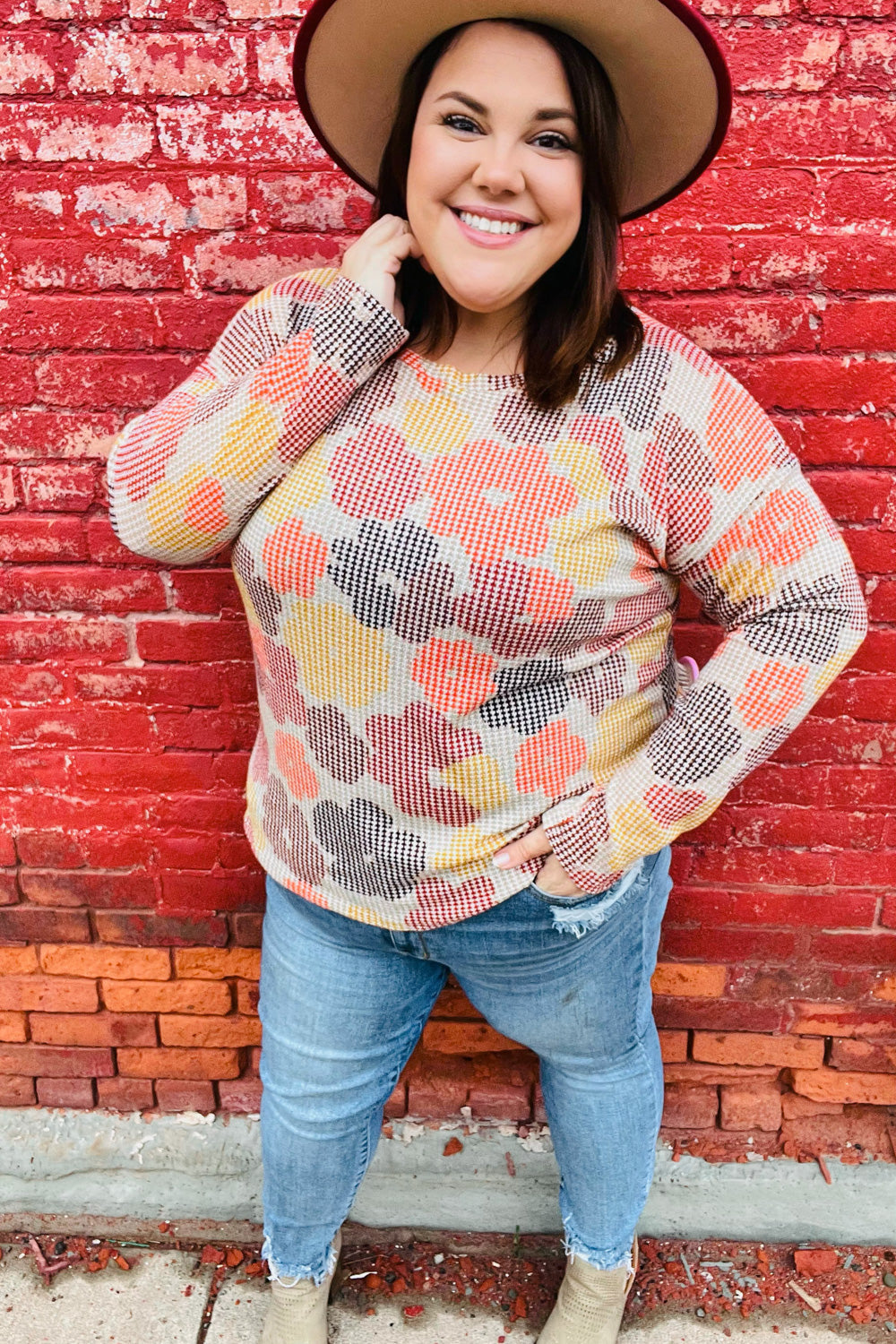 Dreamy Orange & Taupe Flat Floral Two Tone Knit Top