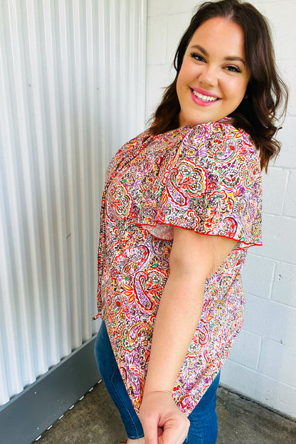 Multicolor Boho Paisley Print Tie Neck Dolman Top