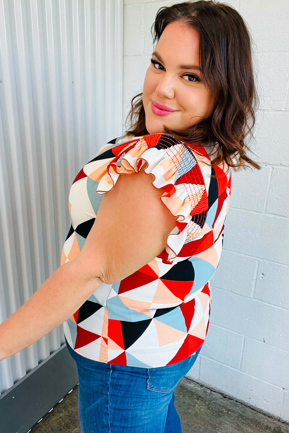 Ivory & Burnt Orange Geo Print Smocked Ruffle Frill Sleeve Top