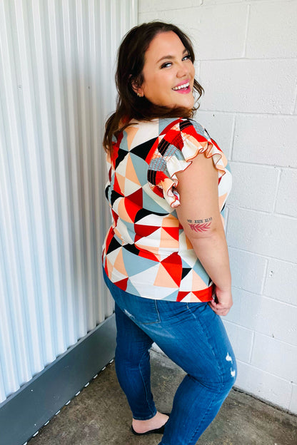 Ivory & Burnt Orange Geo Print Smocked Ruffle Frill Sleeve Top