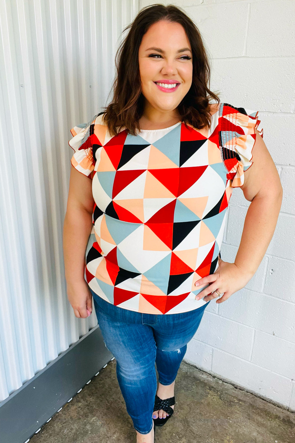 Ivory & Burnt Orange Geo Print Smocked Ruffle Frill Sleeve Top