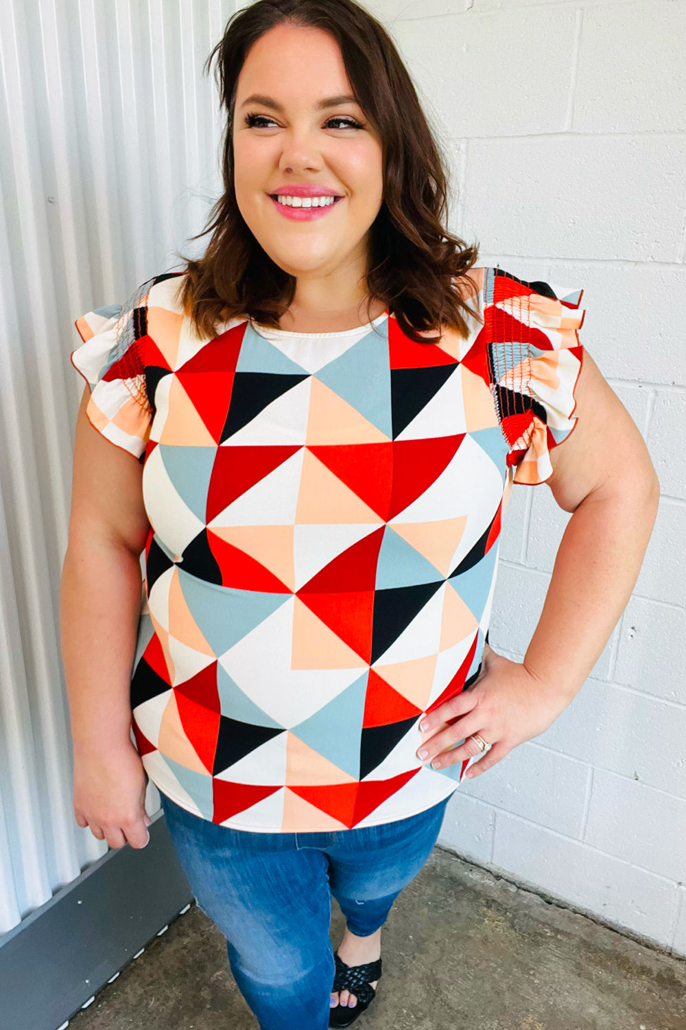 Ivory & Burnt Orange Geo Print Smocked Ruffle Frill Sleeve Top