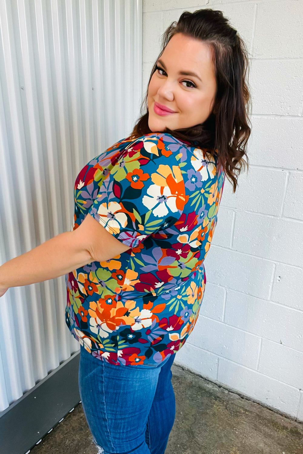 Teal & Maroon Flat Floral Print Top