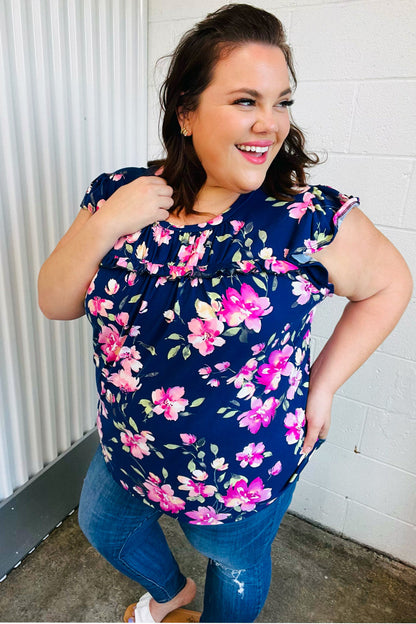 Navy & Pink Floral Print Frilled Short Sleeve Yoke Top