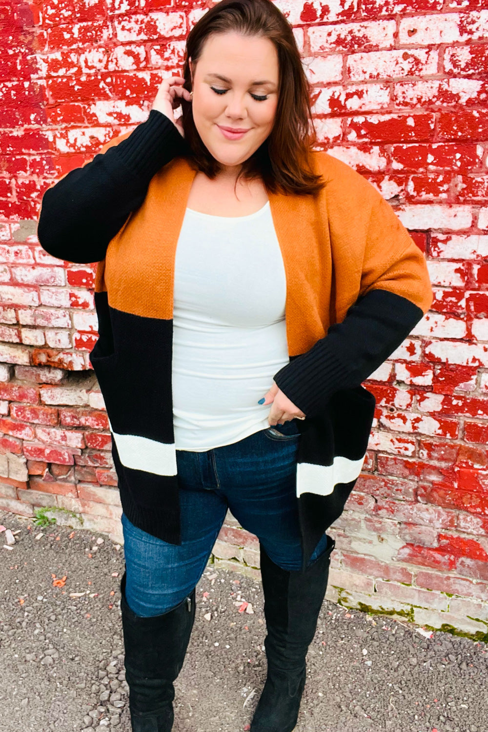 Layer Me Up Rust & Black Color Block Knit Open Cardigan