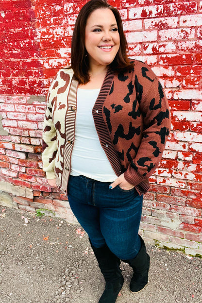 Taupe & Sepia Leopard Print Color Block Cardigan