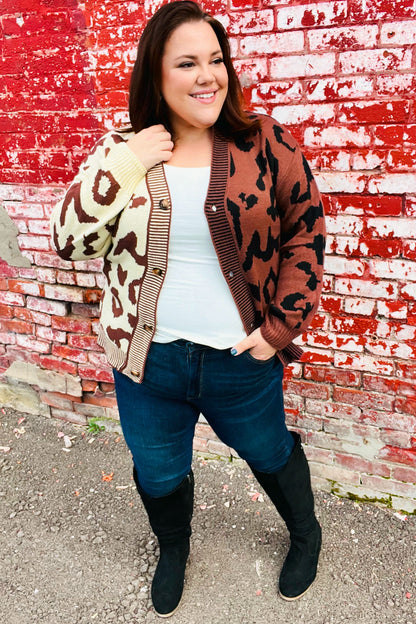 Taupe & Sepia Leopard Print Color Block Cardigan