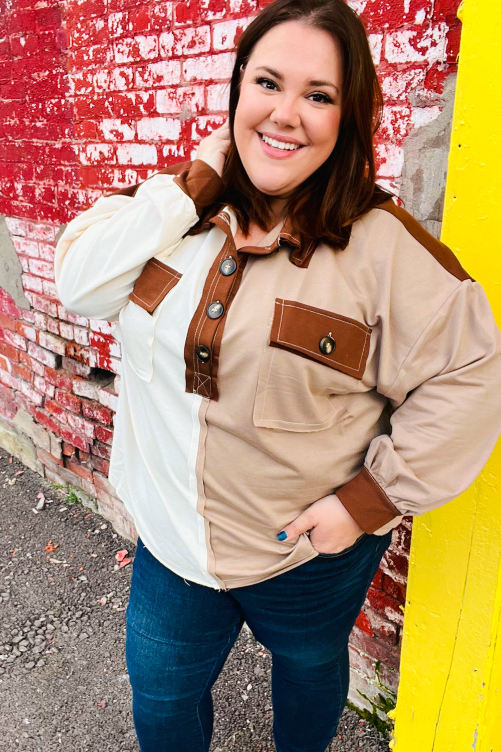 Fun Days Ahead Sepia Ivory/Taupe Color Block Button Down Pullover