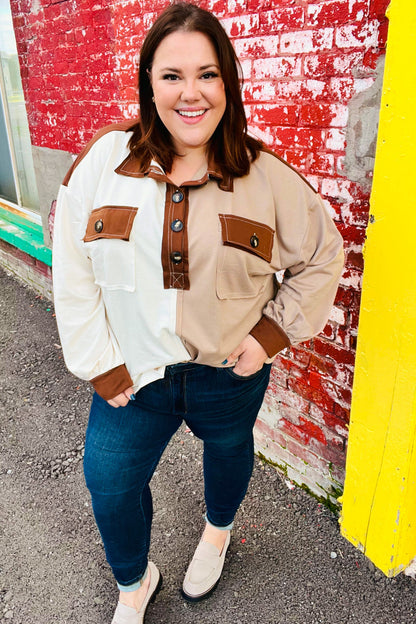 Fun Days Ahead Sepia Ivory/Taupe Color Block Button Down Pullover