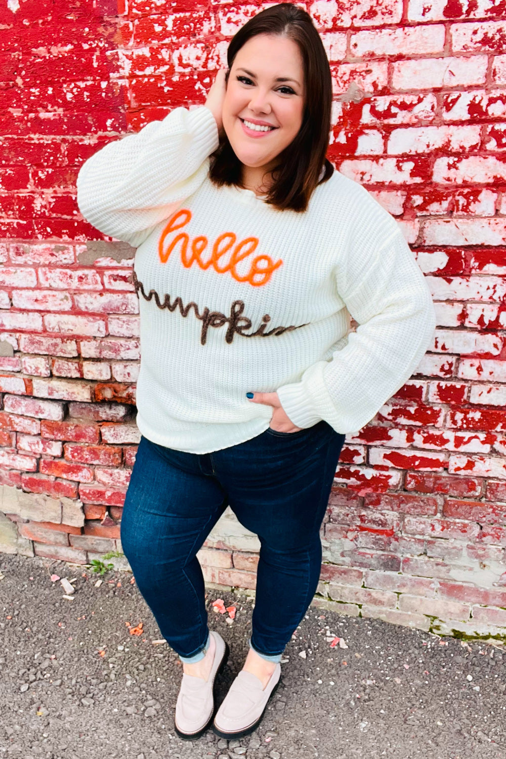 Spotlight Lurex Embroidered Neon "Hello Pumpkin" Chunky Sweater