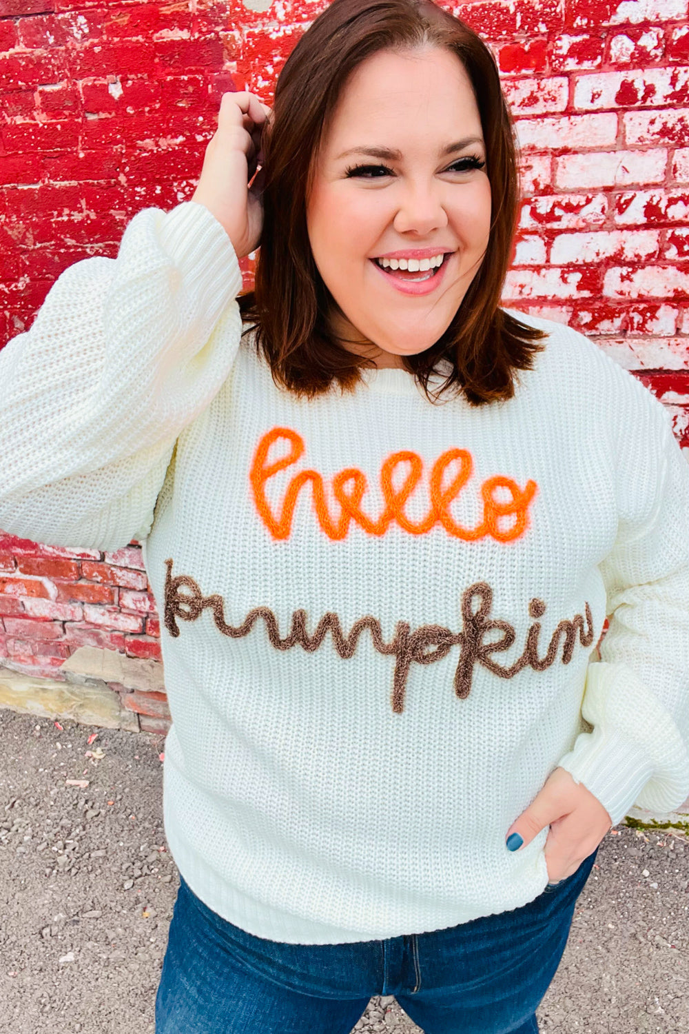 Spotlight Lurex Embroidered Neon "Hello Pumpkin" Chunky Sweater