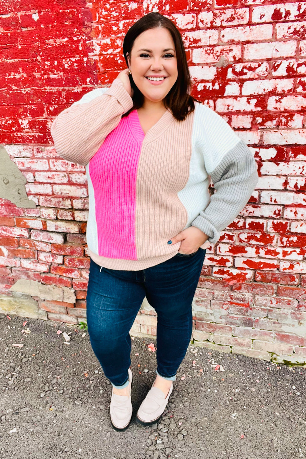 Pink & Taupe V Neck Color Block Sweater Top