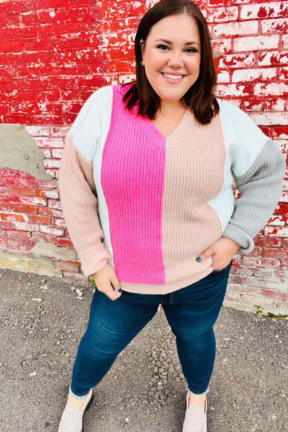 Pink & Taupe V Neck Color Block Sweater Top