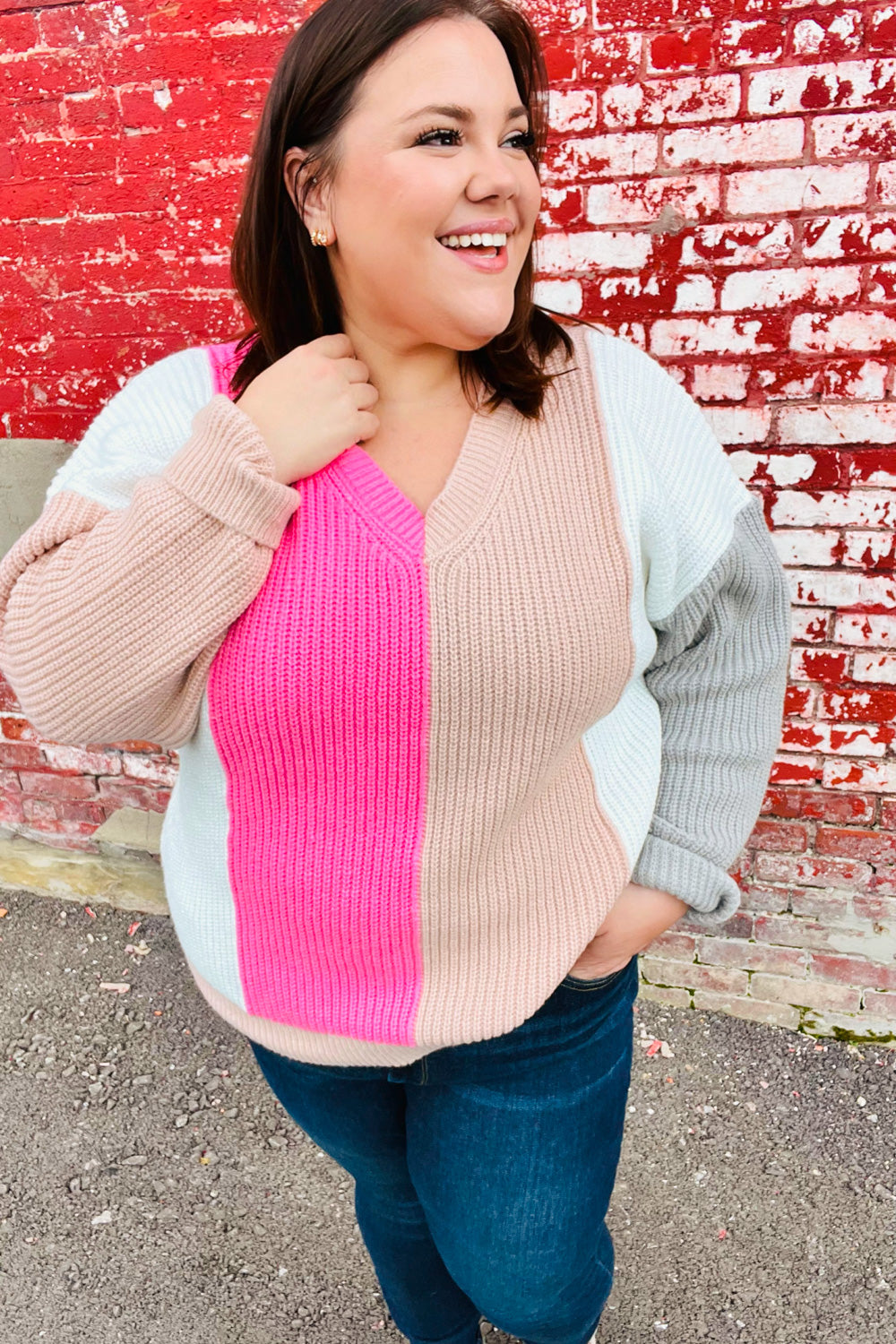 Pink & Taupe V Neck Color Block Sweater Top