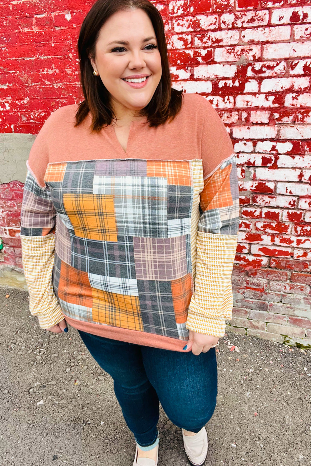 What I Like Rust/Charcoal Two Tone Knit Plaid V Neck Top