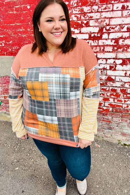 What I Like Rust/Charcoal Two Tone Knit Plaid V Neck Top