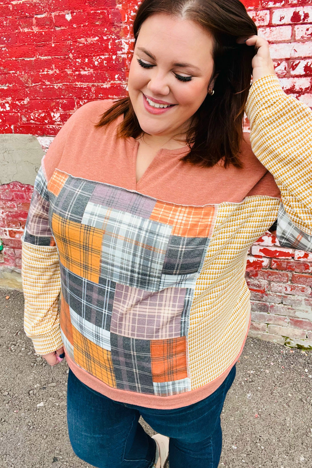 What I Like Rust/Charcoal Two Tone Knit Plaid V Neck Top