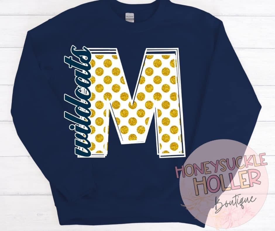 Faux Glitter Gold Polka Dots and White M Wildcats