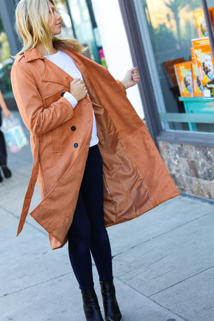 Rust Suede Double Breasted Belted Lined Trench Coat