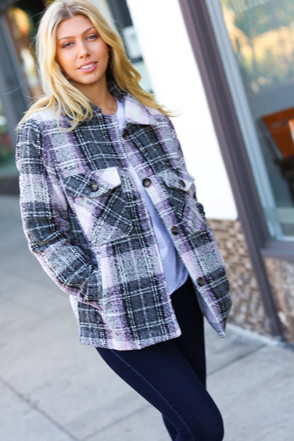 Blush & Grey Flannel Plaid Pocketed Oversize Jacket