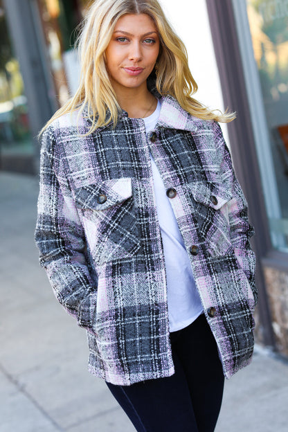 Blush & Grey Flannel Plaid Pocketed Oversize Jacket