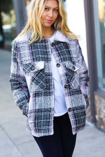 Blush & Grey Flannel Plaid Pocketed Oversize Jacket