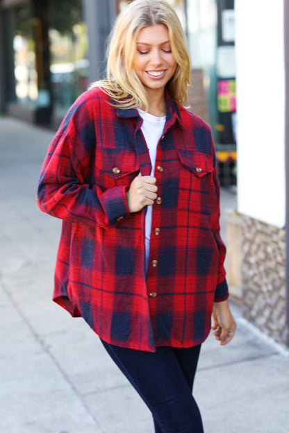 Red Cotton Flannel Plaid Square Hem Pocketed Jacket