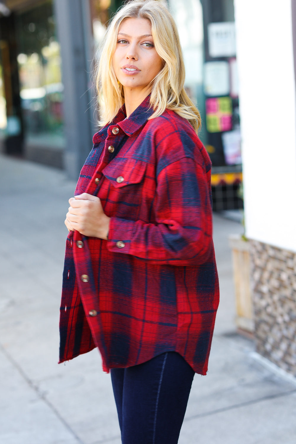 Red Cotton Flannel Plaid Square Hem Pocketed Jacket